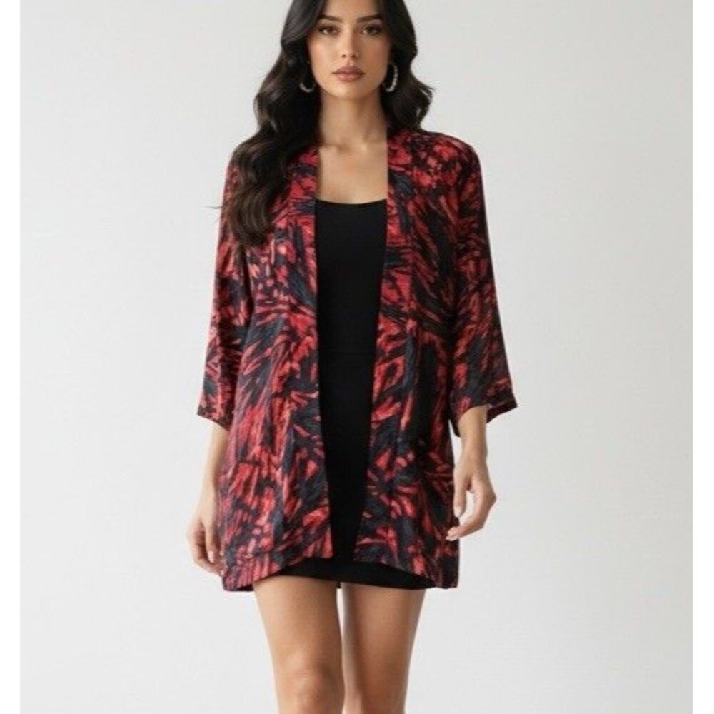 Tucker Small Petite P Red Black Abstract Silk Open Front Kimono Jacket
